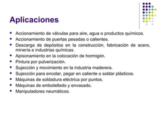 Aplicaciones
 Accionamiento de válvulas para aire, agua o productos químicos.
 Accionamiento de puertas pesadas o calientes.
 Descarga de depósitos en la construcción, fabricación de acero,
minería e industrias químicas.
 Apisonamiento en la colocación de hormigón.
 Pintura por pulverización.
 Sujección y movimiento en la industria maderera.
 Sujección para encolar, pegar en caliente o soldar plásticos.
 Máquinas de soldadura eléctrica por puntos.
 Máquinas de embotellado y envasado.
 Manipuladores neumáticos.
 