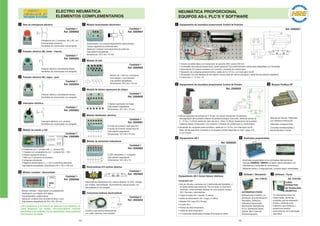 1514
ELECTRO NEUMÁTICA
ELEMENTOS COMPLEMENTARIOS
NEUMÁTICA PROPORCIONAL
EQUIPOS AS-I, PLC’S Y SOFTWARE
Seta de emergencia eléctrica1
Cantidad 1
Ref. 23500952
Módulo temporizador electrónico
Temporizador a la conexión/desconexión seleccionable.
Tiempo regulable por potenciómetro.
Salida por contacto conmutado libre de potencial.
Caja aislante serigrafiada.
Dimensiones 120 x 65 x 70 mm.
7
Cantidad 1
Ref. 23500957
Módulo de relé
Módulo de 1 relé con 4 contactos
conmutados y Led indicador.
Caja aislante serigrafiada.
Dimensiones 120 x 65 x 70 mm.
8
Cantidad 1
Ref. 23500955
Módulo de diodos supresores de chispa
6 diodos supresores de chispa.
Caja aislante serigrafiada.
Dimensiones 120 x 65 x 70 mm.
9
Cantidad 1
Ref. 23500959
Módulo distribuidor eléctrico
6 tomas de conexión rojas para 24V.
6 tomas de conexión azules para 0V.
Caja aislante serigrafiada.
Dimensiones 120 x 65 x 70 mm.
10
Cantidad 1
Ref. 23500961
Módulo de elementos indicadores
5 LED indicadores y 1 zumbador.
Caja aislante serigrafiada.
Dimensiones 120 x 65 x 70.
11
Cantidad 1
Ref. 23500962
Electroválvula 5/3 centros abiertos
Electroválvula distribuidora 5/3, centros abiertos, 24 VDC, centraje
por muelles. Servopilotada. Accionamiento manual auxiliar, con
silenciadores en los escapes.
12
Cantidad 1
Ref. 13024920
Conectores bobinas electroválvula
Conector para bobina electroválvula,
con cable, bananas y led indicador.
13
Cantidad 2
Ref. 23505024
Emergencia con 2 contactos: NA y NC, con
enclavamiento mecánico.
Hembrillas de conexionado con serigrafía.
Pulsador eléctrico NA, verde - marcha2
Cantidad 1
Ref. 23500953
Pulsador eléctrico normalmente abierto.
Hembrillas de conexionado con serigrafía.
Pulsador eléctrico NC, negro - paro3
Cantidad 1
Ref. 23500954
Pulsador eléctrico normalmente cerrado.
Hembrillas de conexionado con serigrafía.
Interruptor eléctrico4
Cantidad 1
Ref. 23500923
Interruptor eléctrico, acc. giratorio.
Hembrillas de conexionado con serigrafía.
Módulo de mando y relé5
Cantidad 1
Ref. 23500969
2 Pulsadores con 1 contacto NA + 1 contacto NC.
1 Pulsador con enclavamiento con 1 contacto NA + 1NC.
2 Diodos supresores de arco.
1 Relé con 4 contactos conmutados.
3 Lámparas indicadoras.
2 Regletas distribuidoras (+ y -) de 5 conexiones eléctricas.
Caja aislante serigrafiada, dimensiones 240 x 120 x 100 mm.
Módulo contador / descontador6
Cantidad 1
Ref. 23500956
Módulo contador / descontador con preselección.
Visualización por display de 6 dígitos.
Preconfigurable, multifuncional.
Salida por contacto libre de potencia (pnp ó npn).
Caja aislante serigrafiada de 150 x 80 x 80 mm.
LOS ELEMENTOS ELÉCTRICOS SE MONTAN CON HEMBRILLAS
PARA BANANAS DE Ø4MM, OPCIONALMENTE PUEDEN
MONTARSE CON HEMBRILLAS DE SEGURIDAD PARA BANANAS
PROTEGIDAS DE Ø2MM.
Equipamiento de neumática proporcional: Control de Posición1
Ref. 23505021
• Cilindro de doble efecto con transductor de posición Ø25, carrera 200 mm.
• Controlador servoválvula proporcional, ajuste ganancia P por potenciómetro, sobre panel serigrafiado con hembrillas.
• Servoválvula 5/3 centros cerrados, con conector y bananas de conexionado.
• Generador de consignas potenciométrico, salida de 0 a 10 Vcc, con interruptor on/off.
• Visualizador con dos displays de tres dígitos, lectura señal de control (consigna) y señal real de posición (captador).
• Fuente dual +/- 12 Vcc, 1A.
Equipamiento de neumática proporcional: Control de Presión2
Ref. 23505022
• Válvula reguladora de presión de 0-10 bar, con sensor-transductor incorporado.
Autoregulación de la presión, relación de presión/consigna 1bar/voltio. Señal de control de
0... 10 Vcc / 4-20mA, salida del valor real de 0...10Vcc /4-20mA. Visualización de la presión
mediante display incorporado. Con conector y bananas de colores para su conexionado.
• Generador de consignas potenciométrico, salida de 0 a 10 Vcc, con interruptor on/off.
Resto del equipamiento mostrado en el esquema (verde) disponible en nivel 1 (pág. 4-5),
no se incluyen.
Bloques Profibus DP3
Bloques de válvulas “Manifolds”
con cabecera Profibus DP.
Diferentes configuraciones.
Consultar entradas/salidas y
electroválvulas a montar.
Equipamiento AS-I4
Compuesto por:
• Isla de válvulas y sensores con 4 electroválvulas biestables, 4
entradas dobles para sensores. Para conectar un total de 8
sensores u otras entradas. Módulo de comunicación esclavo
AS-I. Racores y silenciadores.
• Cable de señal AS-I, amarillo, 2 metros.
• Cable de alimentación AS-I, negro, 2 metros.
• Maestro AS-I para PLC Simatic.
• Fuente AS-I.
• Pocket de direccionamiento.
• Cable de direccionamiento.
• 4 Conectores dobles para entradas (8 entradas en total).
Equipamiento AS-I: Actual Sensor Interface.
Ref. 23505020
Autómatas programables5
Autómatas programables de los principales fabricantes del
mercado SIEMENS, OMRON montados sobre entrenador con
interruptores y hembrillas de conexionado.
Diferentes series y configuraciones, consultar según necesidades.
Software / Simulación6
AUTOMATION STUDIO
Software para el diseño y la
simulación de automatización:
Neumática, Hidráulica,
Hidráulica Proporcional,
Electricidad, Electrotecnia,
PLC’s, Electrónica Digital,
Grafcet, Mod. Informes,
Dimensionamiento.
CURSO
INTERACTIVO
DE TECNOLOGÍA
NEUMÁTICA
Ref. 0159183
Software / Curso7
10 módulos/lecciones con
videos reales, secciones
animadas, test de evaluación...
Ameno y eficiente curso
interactivo que introduce y
proporciona amplios
conocimientos de la tecnología
neumática.
Ref. 01521228
 
