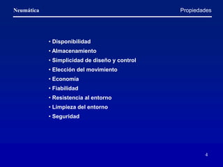 Neumática
4
• Disponibilidad
• Almacenamiento
• Simplicidad de diseño y control
• Elección del movimiento
• Economía
• Fiabilidad
• Resistencia al entorno
• Limpieza del entorno
• Seguridad
Propiedades
 