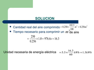 SOLUCION
                                                              102.5 3
       Cantidad real del aire comprimido = 0.250 ×                m = 0.256m 3
                                                             3
                                                               100
       Tiempo necesario para comprimir un
                             1                          m de aire
                      250
                   =       × 1.0 = 976.6s = 16.3
                     0.256

                                                             16.3
Unidad necesaria de energía eléctrica              = 5.5 ×        kWh = 1.5kWh
                                                              60
 