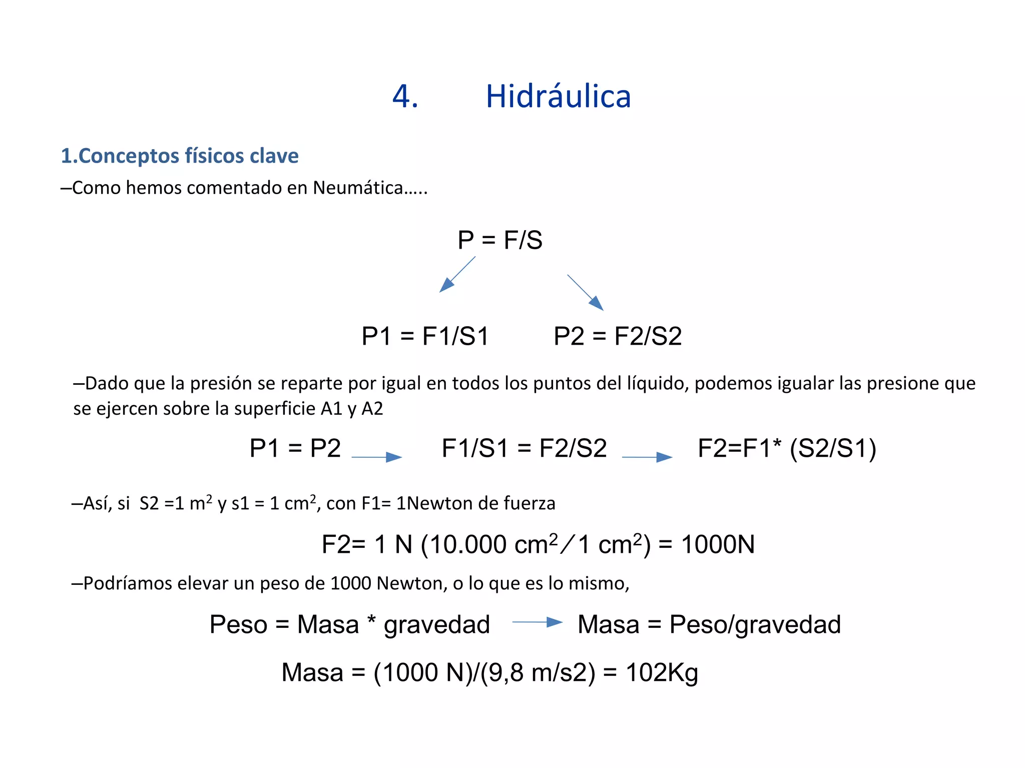4. Hidráulica
1.Conceptos físicos clave
–Como hemos comentado en Neumática…..
P = F/S
P1 = F1/S1 P2 = F2/S2
–Dado que la presión se reparte por igual en todos los puntos del líquido, podemos igualar las presione que
se ejercen sobre la superficie A1 y A2
P1 = P2 F1/S1 = F2/S2
–Así, si S2 =1 m2 y s1 = 1 cm2, con F1= 1Newton de fuerza
F2=F1* (S2/S1)
F2= 1 N (10.000 cm2 ∕ 1 cm2) = 1000N
–Podríamos elevar un peso de 1000 Newton, o lo que es lo mismo,
Peso = Masa * gravedad Masa = Peso/gravedad
Masa = (1000 N)/(9,8 m/s2) = 102Kg
 