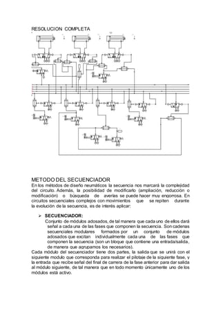 RESOLUCION COMPLETA
METODO DEL SECUENCIADOR
En los métodos de diseño neumáticos la secuencia nos marcará la complejidad
del circuito. Además, la posibilidad de modificarlo (ampliación, reducción o
modificación) o búsqueda de averías se puede hacer muy engorrosa. En
circuitos secuenciales complejos con movimientos que se repiten durante
la evolución de la secuencia, es de interés aplicar:
 SECUENCIADOR:
Conjunto de módulos adosados, de tal manera que cada uno de ellos dará
señal a cada una de las fases que componen la secuencia. Son cadenas
secuenciales modulares formados por un conjunto de módulos
adosados que excitan individualmente cada una de las fases que
componen la secuencia (son un bloque que contiene una entrada/salida,
de manera que agrupamos los necesarios).
Cada módulo del secuenciador tiene dos partes, la salida que se unirá con el
siguiente modulo que corresponda para realizar el pilotaje de la siguiente fase, y
la entrada que recibe señal del final de carrera de la fase anterior para dar salida
al módulo siguiente, de tal manera que en todo momento únicamente uno de los
módulos está activo.
 