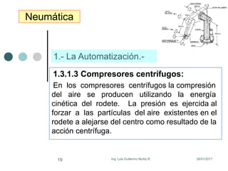 26/01/2017Ing. Luis Guillermo Muñiz R.19
Neumática
1.3.1.3 Compresores centrífugos:
En los compresores centrífugos la compresión
del aire se producen utilizando la energía
cinética del rodete. La presión es ejercida al
forzar a las partículas del aire existentes en el
rodete a alejarse del centro como resultado de la
acción centrífuga.
1.- La Automatización.-
 