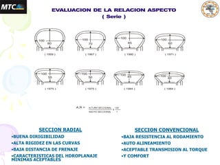 100 100
100
100
100
80
( 1959 ) ( 1967 ) ( 1980 ) ( 1971 )
( 1984 )
70 65 60
40
100
100
100
( 1984 )
( 1975 )
( 1975 )
45
50
55
A.R =
SECCION RADIAL
•BUENA DIRIGIBILIDAD
•ALTA RIGIDEZ EN LAS CURVAS
•BAJA DISTANCIA DE FRENAJE
•CARACTERISTICAS DEL HDROPLANAJE
MINIMAS ACEPTABLES
SECCION CONVENCIONAL
•BAJA RESISTENCIA AL RODAMIENTO
•AUTO ALINEAMIENTO
•ACEPTABLE TRANSMISION AL TORQUE
•Y COMFORT
 