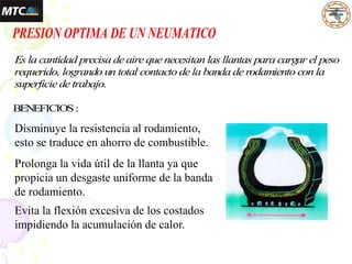 PRESION OPTIMA DE UN NEUMATICO
Es la cantidad precisa de aire que necesitan las llantas para cargar el peso
requerido, logrando un total contacto de la banda de rodamiento con la
superficie de trabajo.
BENEFICIOS:
Disminuye la resistencia al rodamiento,
esto se traduce en ahorro de combustible.
Prolonga la vida útil de la llanta ya que
propicia un desgaste uniforme de la banda
de rodamiento.
Evita la flexión excesiva de los costados
impidiendo la acumulación de calor.
 