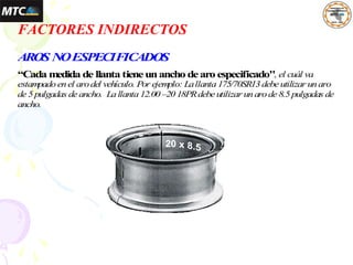 FACTORES INDIRECTOS
AROS NOESPECIFICADOS
“Cada medida de llanta tieneunancho dearo especificado", el cuál va
estampadoenel arodel vehículo. Por ejemplo: Lallanta175/70SR13debe utilizar unaro
de 5pulgadas de ancho. Lallanta12.00–2018PRdebe utilizar unarode 8.5pulgadas de
ancho.
 
