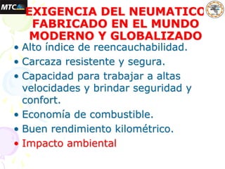 EXIGENCIA DEL NEUMATICO
FABRICADO EN EL MUNDO
MODERNO Y GLOBALIZADO
• Alto índice de reencauchabilidad.
• Carcaza resistente y segura.
• Capacidad para trabajar a altas
velocidades y brindar seguridad y
confort.
• Economía de combustible.
• Buen rendimiento kilométrico.
• Impacto ambiental
 