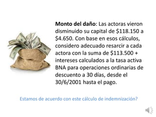 Monto del daño: Las actoras vieron
disminuido su capital de $118.150 a
$4.650. Con base en esos cálculos,
considero adecuado resarcir a cada
actora con la suma de $113.500 +
intereses calculados a la tasa activa
BNA para operaciones ordinarias de
descuento a 30 días, desde el
30/6/2001 hasta el pago.
Estamos de acuerdo con este cálculo de indemnización?
 