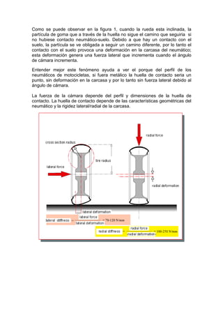 Como se puede observar en la figura 1, cuando la rueda esta inclinada, la
partícula de goma que a través de la huella no sigue el camino que seguiria si
no hubiese contacto neumático-suelo. Debido a que hay un contacto con el
suelo, la partícula se ve obligada a seguir un camino diferente, por lo tanto el
contacto con el suelo provoca una deformación en la carcasa del neumático;
esta deformación genera una fuerza lateral que incrementa cuando el ángulo
de cámara incrementa.

Entender mejor este fenómeno ayuda a ver el porque del perfil de los
neumáticos de motocicletas, si fuera metálico la huella de contacto seria un
punto, sin deformación en la carcasa y por lo tanto sin fuerza lateral debido al
ángulo de cámara.

La fuerza de la cámara depende del perfil y dimensiones de la huella de
contacto. La huella de contacto depende de las características geométricas del
neumático y la rigidez lateral/radial de la carcasa.
 