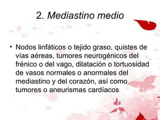 2.  Mediastino medio Nodos linfáticos o tejido graso, quistes de vías aéreas, tumores neurogénicos del frénico o del vago, dilatación o tortuosidad de vasos normales o anormales del mediastino y del corazón, así como tumores o aneurismas cardíacos 