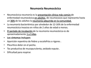 Neumonía Neumocócica
• Neumocócica neumonía es la presentación clínica más común de
enfermedad neumocócica en adultos, de neumococos que representa hasta
un 36% de los adultos la neumonía adquirida en la comunidad.
• La neumonía bacteriémica por alrededor de 12-16% de la enfermedad
neumocócica invasiva en niños de 2 años de edad o menos.
• El período de incubación de la neumonía neumocócica es de
aproximadamente 1 a 3 días.
• Los síntomas incluyen:
• Aparición repentina de fiebre y escalofríos o rigores .
• Pleurítico dolor en el pecho.
• Tos productiva de mucopurulenta, oxidado esputo .
• Dificultad para respirar.
 