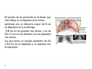 El tamaño de las partículas es el factor que
más influye en el depósito de la misma.
partículas con un diámetro mayor de 8 um
se depositan en la orofaringe,
5-8 um en las grandes vías aéreas, y las de
0,5 a 5 um en los alvéolos y en las pequeñas
vías aéreas.
Las que tienen un tamaño alrededor de 0,3
a 0,5 um no se depositan y se expulsan con
la espiración
 