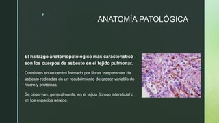 z
ANATOMÍA PATOLÓGICA
El hallazgo anatomopatológico más característico
son los cuerpos de asbesto en el tejido pulmonar.
Consisten en un centro formado por fibras trasparentes de
asbesto rodeadas de un recubrimiento de grosor variable de
hierro y proteínas.
Se observan, generalmente, en el tejido fibroso intersticial o
en los espacios aéreos.
 