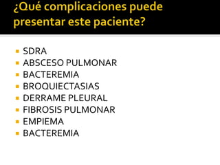 








SDRA
ABSCESO PULMONAR
BACTEREMIA
BROQUIECTASIAS
DERRAME PLEURAL
FIBROSIS PULMONAR
EMPIEMA
BACTEREMIA

 