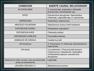 CONDICION AGENTE CAUSAL RELACIONADO 
ALCOHOLISMO S. pneumoniae, anaerobios, Klebsiella 
pneumoniae, Acinetobacter ssp. 
EPOC Pseudomona aeruginosa, Haemophilus 
influenzae, Legionella spp, S. neumoniae. 
ASPIRACION Anaerobios, enterococos. 
ABSCESO PULMONAR Staphylococo aureus metil resistente. 
EXPOSICION GUANO Histoplasma capsulatum 
EXPOSICION AVES Chlamydia psittaci 
EXPOSICION CONEJOS Francisella tularenis 
ANIMALES DE GRANJA Coxiella burnetti 
VIH temprano S. Pneumonia, H. influenzae, Mycobacterium 
tuberculosis 
VIH tardio Los anteriores + Pneumocystis jirovecii, 
Cryptococcus, Histoplasma, Aspergillus, 
micobacterias atipicas, pseudomona 
aeruginosa. 
Estancia en hotel, crucero, aire acondicionado, 
torres de enfriamiento 
Legionella 
USUARIO DROGAS I.V Staphylococcus aureus 
 