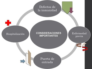 Defectos de 
la inmunidad 
CONSIDERACIONES 
IMPORTANTES 
Enfermedad 
previa 
Puerta de 
entrada 
Hospitalización 
 