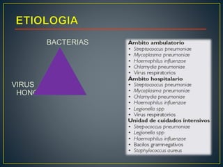 • N. Atípicas
• L. pneumophila 2 -10 %
• M. pneumoniae 2 -18%
• C. pneumoniae 4 - 15%
• C. burnettii 1 - 10%
• Virus 2 - 1...