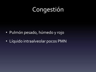 Congestión
• Pulmón pesado, húmedo y rojo
• Líquido intraalveolar pocos PMN