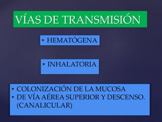 VÍAS DE TRANSMISIÓN
• HEMATÓGENA
• INHALATORIA
• COLONIZACIÓN DE LA MUCOSA
• DE VÍA AÉREA SUPERIOR Y DESCENSO.
(CANALICULAR)
 