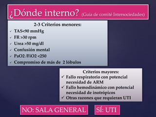 2-3 Criterios menores:
 TAS<90 mmHg
 FR >30 rpm
 Urea >50 mg/dl
 Confusión mental
 PaO2 /FiO2 <250
 Compromiso de más de 2 lóbulos
¿Dónde interno? (Guía de comité Intersociedades)
Criterios mayores:
 Fallo respiratorio con potencial
necesidad de ARM
 Fallo hemodinámico con potencial
necesidad de inotrópicos
 Otras razones que requieran UTI
NO: SALA GENERAL SÍ: UTI
 