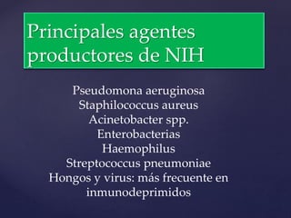 Principales agentes
productores de NIH
Pseudomona aeruginosa
Staphilococcus aureus
Acinetobacter spp.
Enterobacterias
Haemophilus
Streptococcus pneumoniae
Hongos y virus: más frecuente en
inmunodeprimidos
 