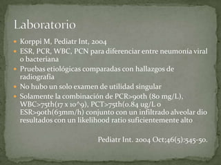  Korppi M, Pediatr Int, 2004
 ESR, PCR, WBC, PCN para diferenciar entre neumonía viral
  o bacteriana
 Pruebas etiológicas comparadas con hallazgos de
  radiografía
 No hubo un solo examen de utilidad singular
 Solamente la combinación de PCR>90th (80 mg/L),
  WBC>75th(17 x 10^9), PCT>75th(0.84 ug/L o
  ESR>90th(63mm/h) conjunto con un infiltrado alveolar dio
  resultados con un likelihood ratio suficientemente alto

                          Pediatr Int. 2004 Oct;46(5):545-50.
 