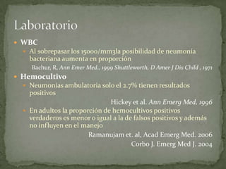  WBC
   Al sobrepasar los 15000/mm3la posibilidad de neumonía
    bacteriana aumenta en proporción
     Bachur, R, Ann Emer Med., 1999 Shuttleworth, D Amer J Dis Child , 1971
 Hemocultivo
   Neumonías ambulatoria solo el 2.7% tienen resultados
    positivos
                               Hickey et al. Ann Emerg Med, 1996
   En adultos la proporción de hemocultivos positivos
    verdaderos es menor o igual a la de falsos positivos y además
    no influyen en el manejo
                        Ramanujam et. al, Acad Emerg Med. 2006
                                       Corbo J. Emerg Med J. 2004
 