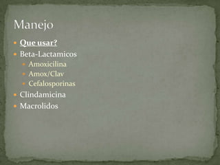  Que usar?
 Beta-Lactamicos
   Amoxicilina
   Amox/Clav
   Cefalosporinas
 Clindamicina
 Macrolidos
 