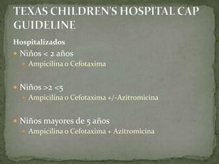 Hospitalizados
 Niños < 2 años
   Ampicilina o Cefotaxima


 Niños >2 <5
   Ampicilina o Cefotaxima +/-Azitromicina


 Niños mayores de 5 años
   Ampicilina o Cefotaxima + Azitromicina
 