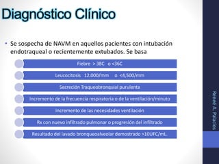 Diagnóstico Clínico
• Se sospecha de NAVM en aquellos pacientes con intubación
endotraqueal o recientemente extubados. Se basa
ReneéA.Palacios
Fiebre > 38C o <36C
Leucocitosis 12,000/mm o <4,500/mm
Secreción Traqueobronquial purulenta
Incremento de la frecuencia respiratoria o de la ventilación/minuto
Incremento de las necesidades ventilación
Rx con nuevo infiltrado pulmonar o progresión del infiltrado
Resultado del lavado bronqueoalveolar demostrado >10UFC/mL.
 