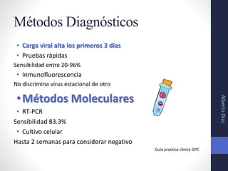 Métodos Diagnósticos
• Carga viral alta los primeros 3 días
• Pruebas rápidas
Sensibilidad entre 20-96%
• Inmunofluorescencia
No discrimina virus estacional de otro
•Métodos Moleculares
• RT-PCR
Sensibilidad 83.3%
• Cultivo celular
Hasta 2 semanas para considerar negativo
Guía practica clínica GPC
AlbertoDíaz
 