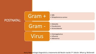 POSTNATAL:
Avery Neonatología Diagnóstico y tratamiento del Recién nacido 7ª Edición. Mhairi g. McDonald
• GBS
• Sthapylococcus aureus
Gram +
• Klebsiella
• Pseudomona
• Acinectobacter
Gram -
• Citomegalovirus
• Influenza
• Adenovirus
Virus
 