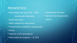 PRONOSTICO 
• Mortalidad elevada (25% - 50%) 
-Ventilación Mecánica 
• Edad avanzada 
• Mala calidad de vida previa 
• Tratamiento antibiótico inadecuado 
• Shock 
• Ingreso a UTI quirúrgicas 
• Necesidad de oxigeno > al 35% 
• Enfermedad de base 
• Tipo de microorganismo 
causal 
 