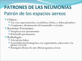PATRONES DE LAS NEUMONIAS Patrón de los espacios aereos Clínica: Tos con expectoración, escalofríos, fiebre, y dolor pleurítico. Crepitantes, disminución del murmullo vesicular. Bacterias Frecuentes: Streptococcus pneumoniae Klebsiella pneumoniae Radiología: Afectación lobar. Consolidación homogénea, no segmentaria, adyacente a la pleura visceral. Bronquios llenos de aire (Broncograma aéreo). 