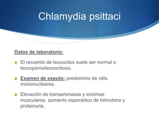 Chlamydia psittaci


Datos de laboratorio:

S El recuento de leucocitos suele ser normal o
  leucopenia/leucocitosis.

S Examen de esputo: predominio de céls.
  mononucleares.

S Elevación de transaminasas y enzimas
  musculares, aumento esporádico de bilirrubina y
  proteinuria.
 