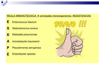 REGLA MNEMOTÉCNICA  principales microorganismos RESISTENCIAS
E
S
K
A
P
E
Enterococcus faecium
Klebsiella pneumoniae
Staphylococcus aureus
Pseudomonas aeruginosa
Enterobacter species
Acinetobacter baumannii
 