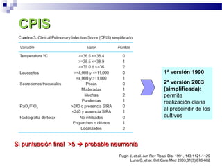 Pugin J, et al. Am Rev Respi Dis. 1991, 143:1121-1129
Luna C, et al. Crit Care Med 2003;31(3):676-682
CPISCPIS
Si puntuación final >5Si puntuación final >5  probable neumoníaprobable neumonía
1ª versión 1990
2ª versión 2003
(simplificada):
permite
realización diaria
al prescindir de los
cultivos
 