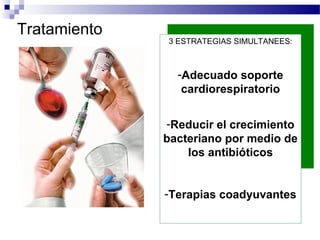 Tratamiento
3 ESTRATEGIAS SIMULTANEES:
-Adecuado soporte
cardiorespiratorio
-Reducir el crecimiento
bacteriano por medio de
los antibióticos
-Terapias coadyuvantes
 