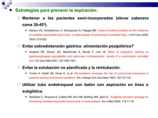  Estrategias para prevenir la aspiración:
 Mantener a los pacientes semi-incorporados (elevar cabecera
cama 30-45º).
 Alexiou VG, Ierodiakonou V, Dimopoulos G, Falagas ME. Impact of patient position on the incidence
of ventilator-associated pneumonia: a meta-analysis of randomized controlled trials. J Crit Care 2009;
24(4): 515-522.
 Evitar sobredistensión gástrica: alimentación postpilórica?
 Heyland DK, Drover JW, MacDonald S, Novak F, Lam M. Effect of postpyloric feeding on
gastroesophageal regurgitation and pulmonary microaspiration: results of a randomized controlled
trial. Crit Care Med 2001; 29:1495-1501.
 Evitar la extubación no planificada y la reintubación.
 Torres A, Gatell JM, Aznar E, et al. Re-intubation increases the risk of nosocomial pneumonia in
patients needing mechanical ventilation. Am J Respir Crit Care Med 1995; 152:137-141.
 Utilizar tubo endotraqueal con balón con aspiración en línea o
subglótica.
 Dezfulian C, Shojania K, Collard HR, Kim HM, Matthay MA, Saint S. Subglottic secretion drainage for
preventing ventilator-associated pneumonia: a meta-analysis. Am J Med 2005; 118:11-18.
 