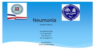 Neumonia
JOANNY FAMILIA
Dr escaño R2 (MI)
Dr. Gutierrez R1
Dra. Perez R1
Dra. Rodriguez R1
Coordinadora:
Jazmín Santana (Ma)
 