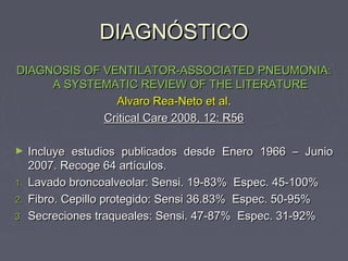 DIAGNÓSTICO
DIAGNOSIS OF VENTILATOR-ASSOCIATED PNEUMONIA:
     A SYSTEMATIC REVIEW OF THE LITERATURE
               Alvaro Rea-Neto et al.
             Critical Care 2008, 12: R56

►    Incluye estudios publicados desde Enero 1966 – Junio
     2007. Recoge 64 artículos.
1.   Lavado broncoalveolar: Sensi. 19-83% Espec. 45-100%
2.   Fibro. Cepillo protegido: Sensi 36.83% Espec. 50-95%
3.   Secreciones traqueales: Sensi. 47-87% Espec. 31-92%
 