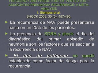FRECUENCY AND PREDICTORS OF VENTILATOR –
    ASSOCIATED PNEUMONIA RECURRENCE: A META-
                     ANALYSIS
                  I. Siempos et al.
             SHOCK 2008; 30 (5): 487-495.
► La recurrencia de NAV puede presentarse
 hasta en un 25% de los pacientes.
► La presencia de SDRA y shock el día del
 diagnóstico del primer episodio de
 neumonía son los factores que se asocian a
 la recurrencia de NAV.
► El     tipo de patógeno no quedó
 establecido como factor de riesgo para la
 recurrencia.
 