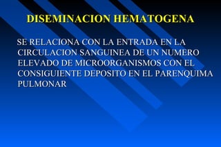 DISEMINACION HEMATOGENA

SE RELACIONA CON LA ENTRADA EN LA
CIRCULACION SANGUINEA DE UN NUMERO
ELEVADO DE MICROORGANISMOS CON EL
CONSIGUIENTE DEPOSITO EN EL PARENQUIMA
PULMONAR
 
