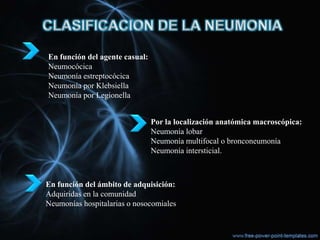 En función del agente casual:
Neumocócica
Neumonía estreptocócica
Neumonía por Klebsiella
Neumonía por Legionella


                                Por la localización anatómica macroscópica:
                                Neumonía lobar
                                Neumonía multifocal o bronconeumonía
                                Neumonía intersticial.



En función del ámbito de adquisición:
Adquiridas en la comunidad
Neumonías hospitalarias o nosocomiales.
 