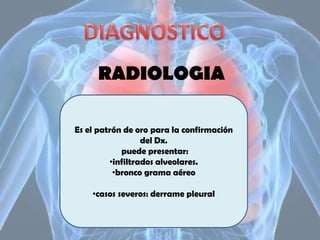 RADIOLOGIA
Es el patrón de oro para la confirmación
del Dx.
puede presentar:
•infiltrados alveolares.
•bronco grama aéreo
•casos severos: derrame pleural

 