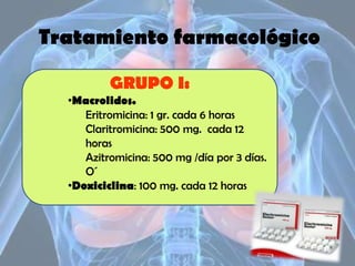 Tratamiento farmacológico
GRUPO I:

•Macrolidos.
Eritromicina: 1 gr. cada 6 horas
Claritromicina: 500 mg. cada 12
horas
Azitromicina: 500 mg /día por 3 días.
O´
•Doxiciclina: 100 mg. cada 12 horas

 