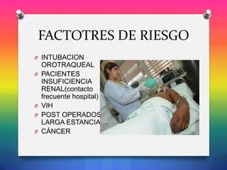 FACTOTRES DE RIESGO
O INTUBACION
O

O
O
O

OROTRAQUEAL
PACIENTES
INSUFICIENCIA
RENAL(contacto
frecuente hospital)
VIH
POST OPERADOS
LARGA ESTANCIA
CÁNCER

 