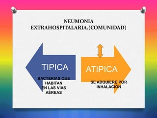 NEUMONIA
EXTRAHOSPITALARIA.(COMUNIDAD)

TIPICA
BACTERIAS QUE
HABITAN
EN LAS VIAS
AÉREAS

ATIPICA
SE ADQUIERE POR
INHALACIÓN

 