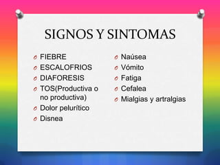 SIGNOS Y SINTOMAS
O FIEBRE

O Naúsea

O ESCALOFRIOS

O Vómito

O DIAFORESIS

O Fatiga

O TOS(Productiva o

O Cefalea

no productiva)
O Dolor pelurítico
O Disnea

O Mialgias y artralgias

 