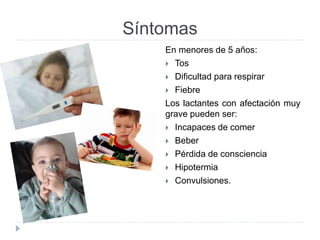 Síntomas 
En menores de 5 años: 
 Tos 
 Dificultad para respirar 
 Fiebre 
Los lactantes con afectación muy 
grave pueden ser: 
 Incapaces de comer 
 Beber 
 Pérdida de consciencia 
 Hipotermia 
 Convulsiones. 
 